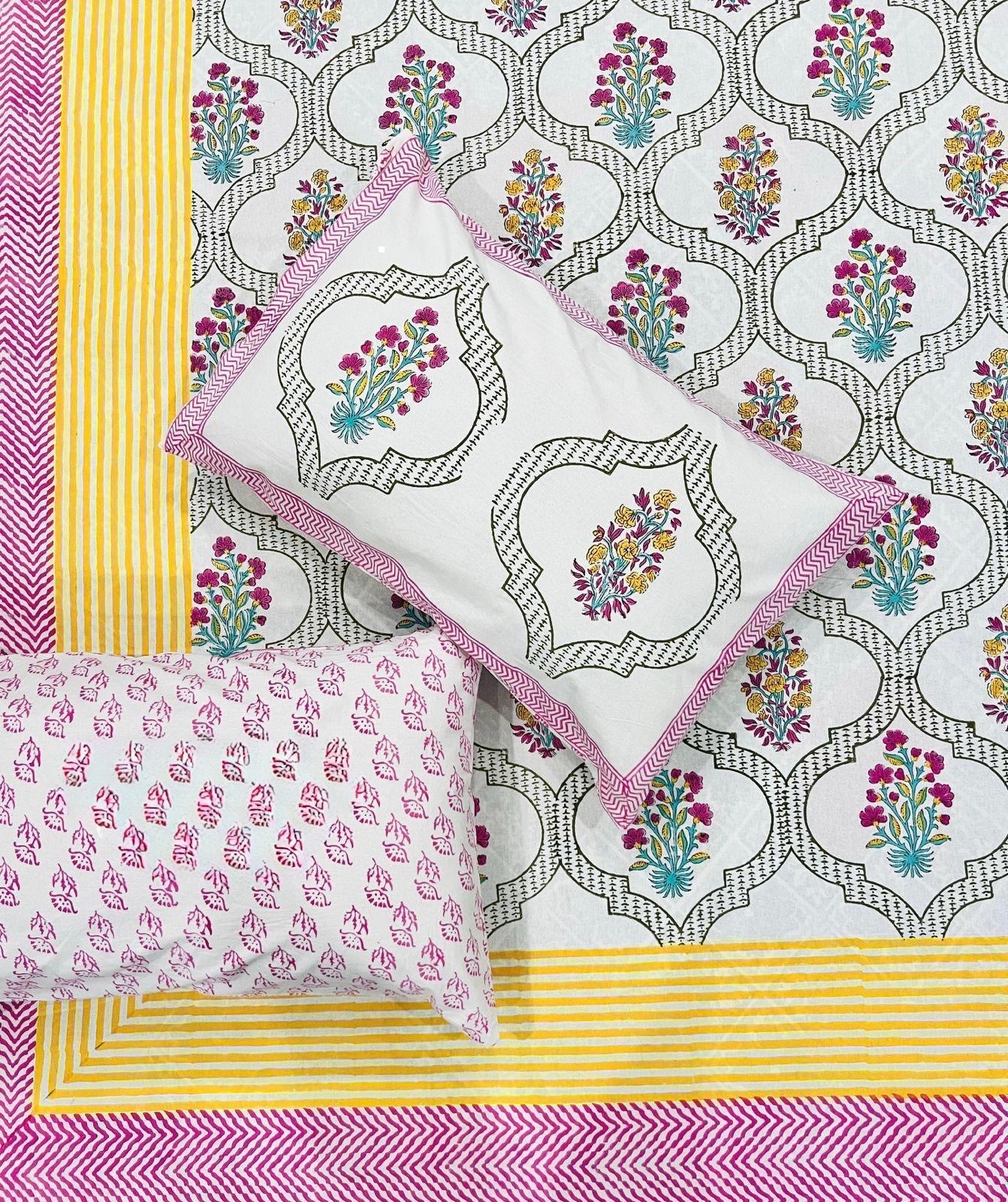 Pure cotton handblock printed king size bedsheet with 2 pillow covers (100x108 inches)