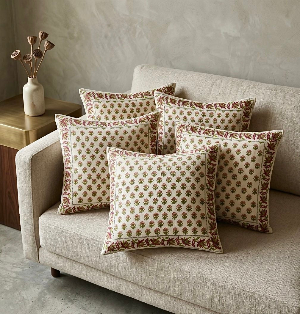 Pure cotton hand-block printed set of 5 cushion covers (16x16 inches)