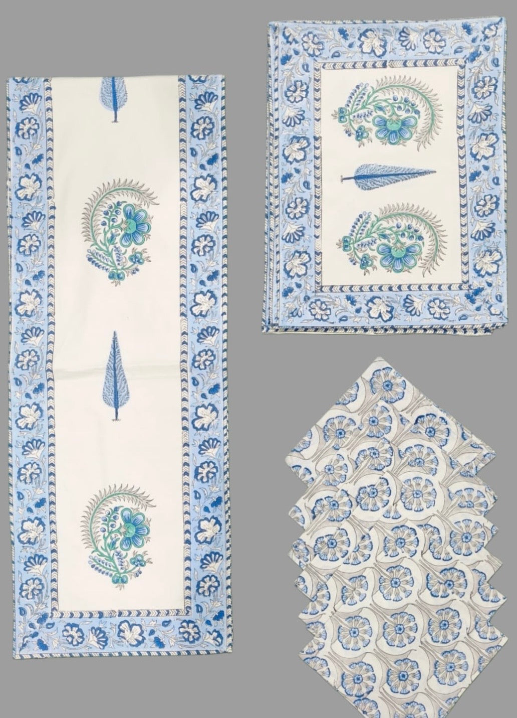 Pure cotton hand block printed placemats, runner and napkin combo for 6 seater dining table