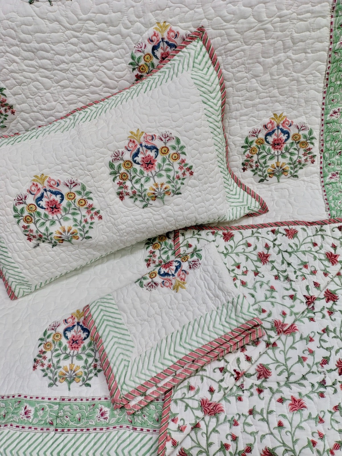 Pure mulmul cotton paani jaal quilted hand-block printed double bedcovers with 2 quilted pillow covers for king size beds (90x108 inches)