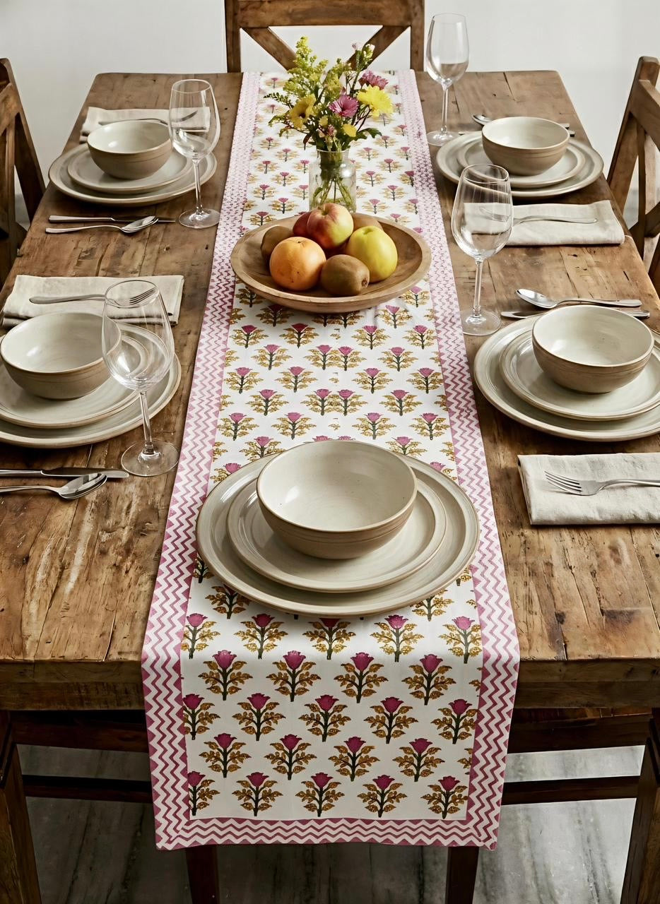 Pure canvas cotton handblock printed runners for 4 and 6 seater dining tables