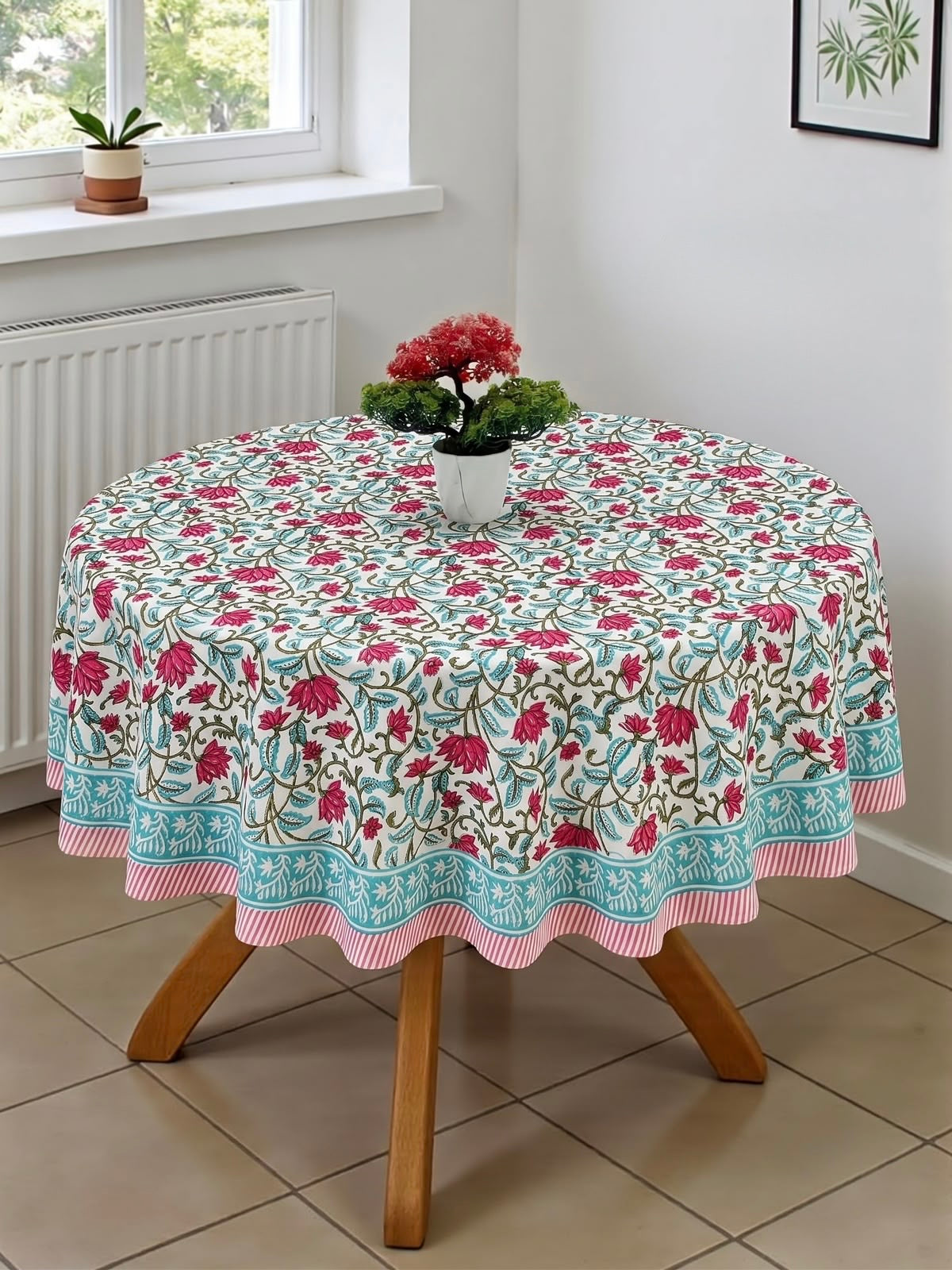 Pure cotton hand-block printed table cover for 4 seater dining table / centre table (60 inches diameter)
