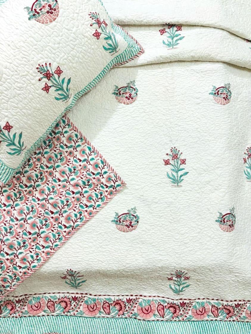 Pure mulmul cotton paani jaal quilted bedcovers with 2 quilted pillow covers for king size beds (90x108 inches)
