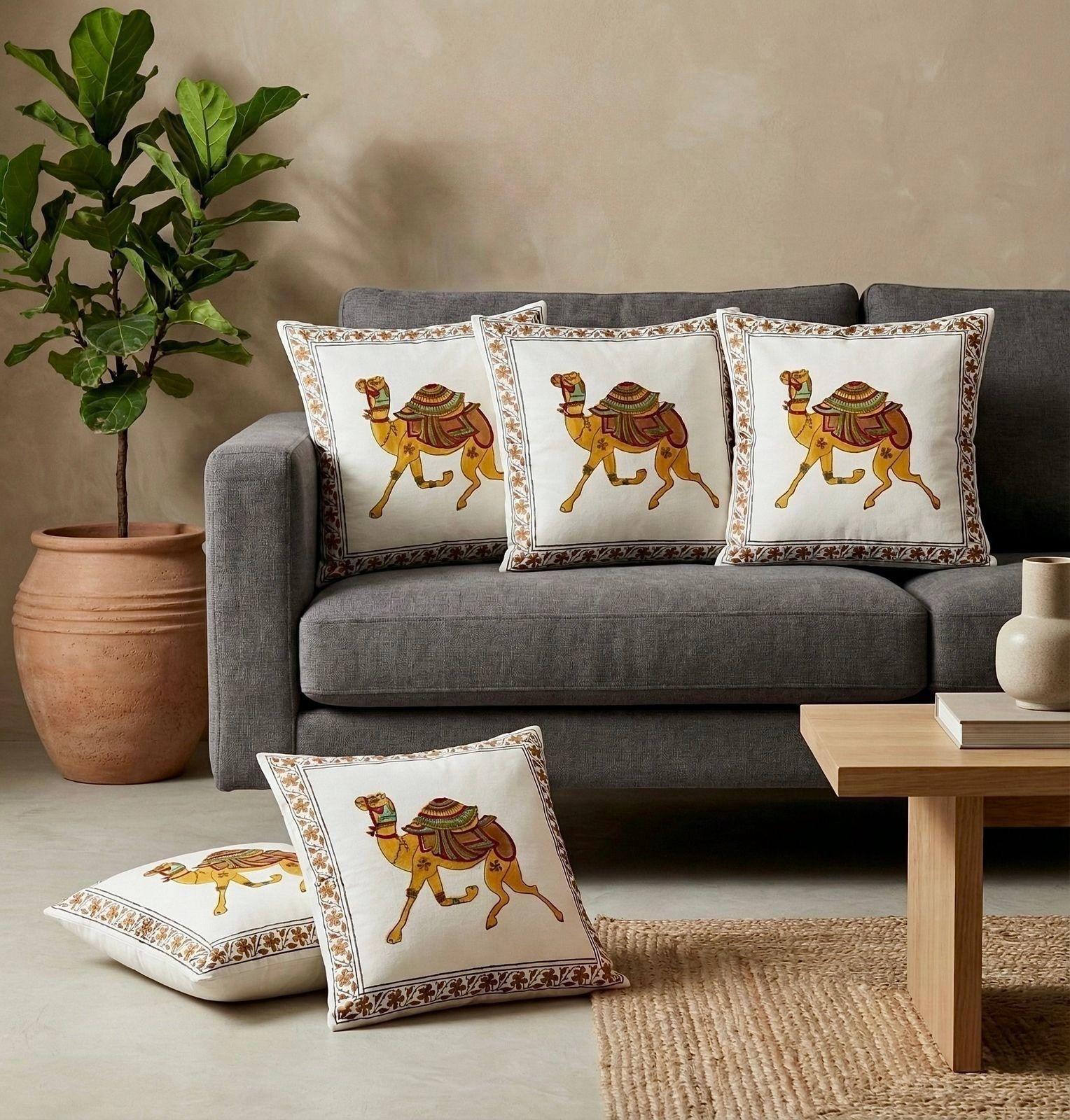 Pure cotton hand-block printed set of 5 cushion covers (16x16 inches)