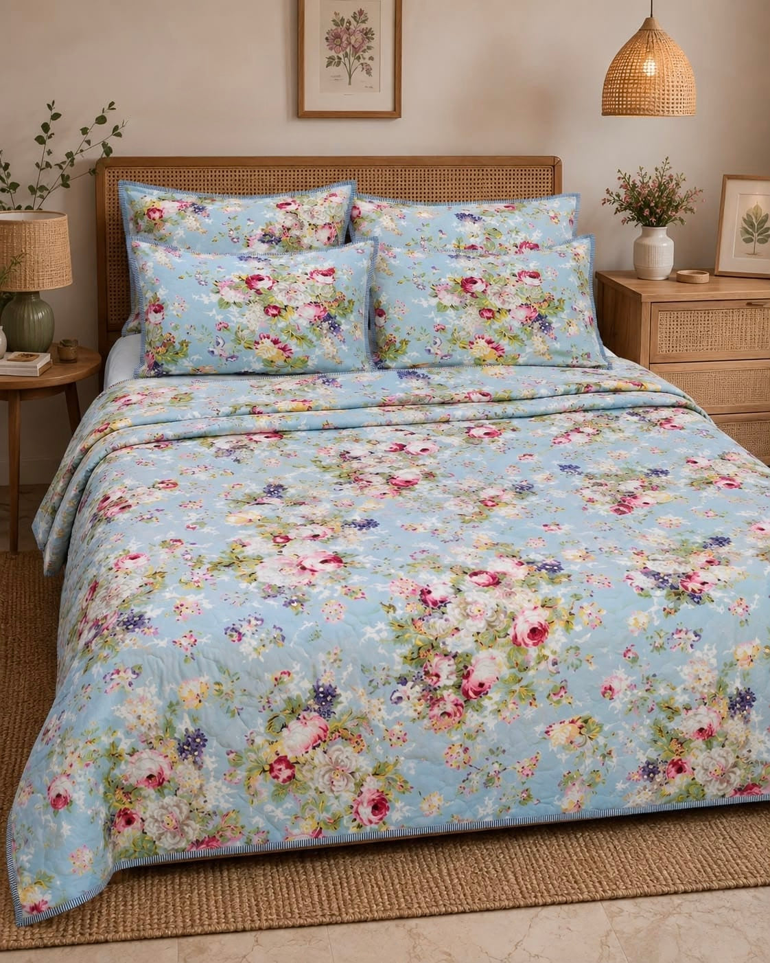 Pure cotton paani jaal quilted printed double bedcovers (90x108 inches)