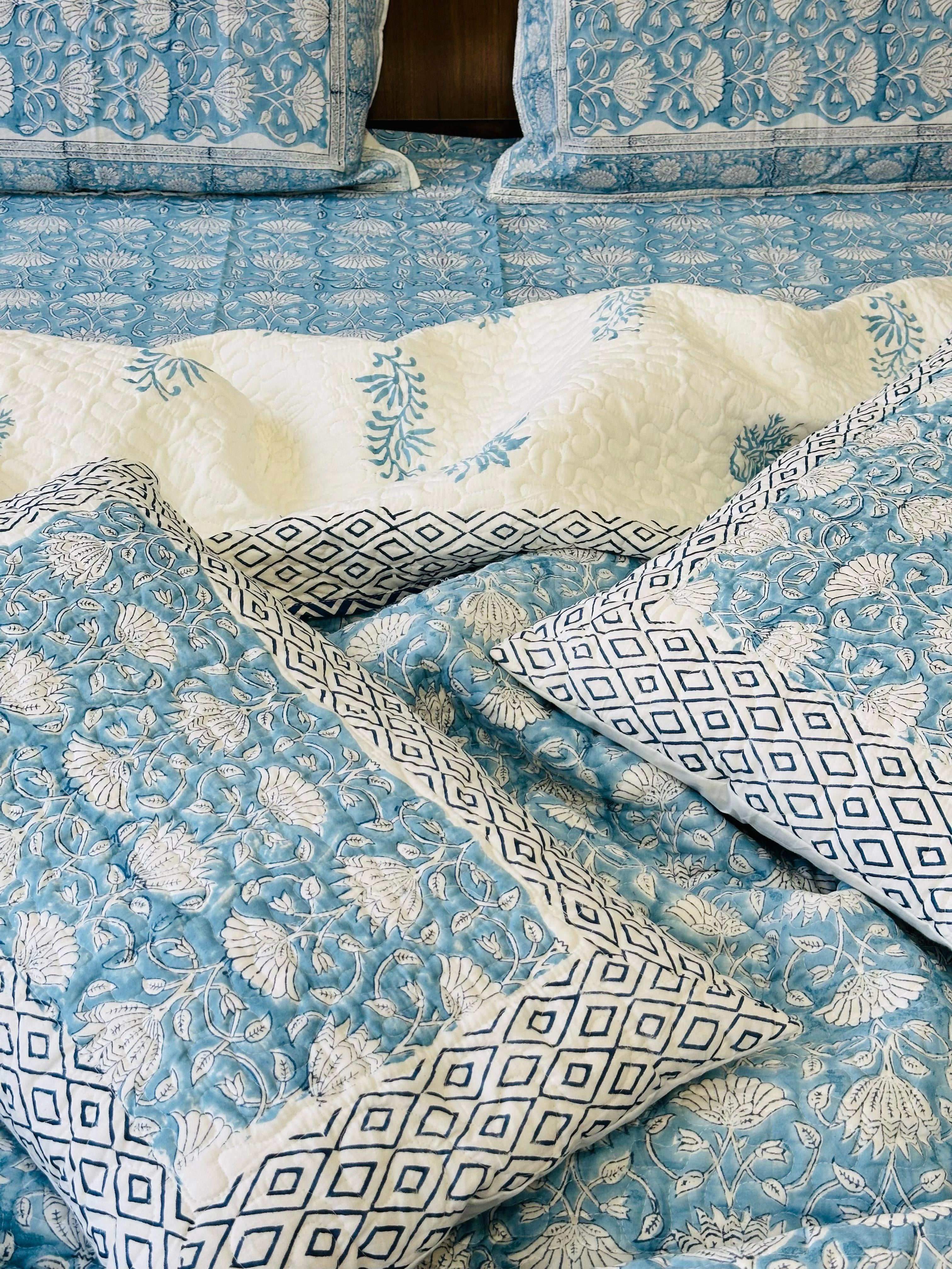 Pure cotton handblock printed king size 6 piece bedding set