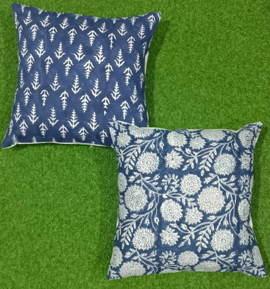 Pure cotton handblock printed set of 2 assorted cushion covers (16x16 inches)