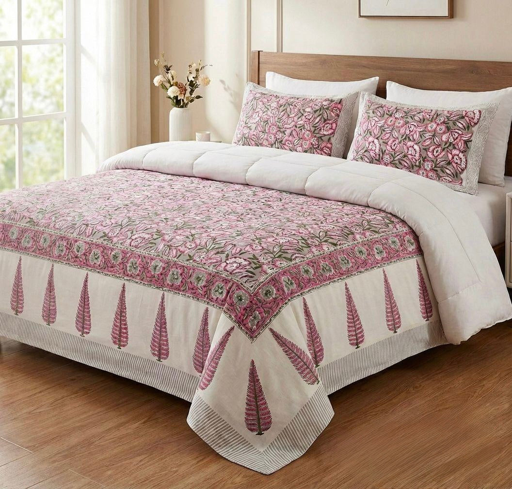 Pure cotton hand-block printed super king size double bedsheets with 2 pillow covers (108x108 inches)