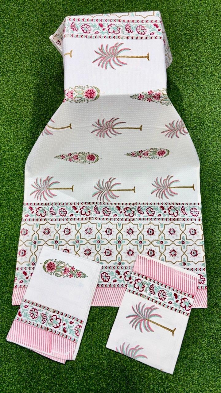 Pure cotton waffled textured hand-block printed bath combos (1 bath and 2 hand towels)