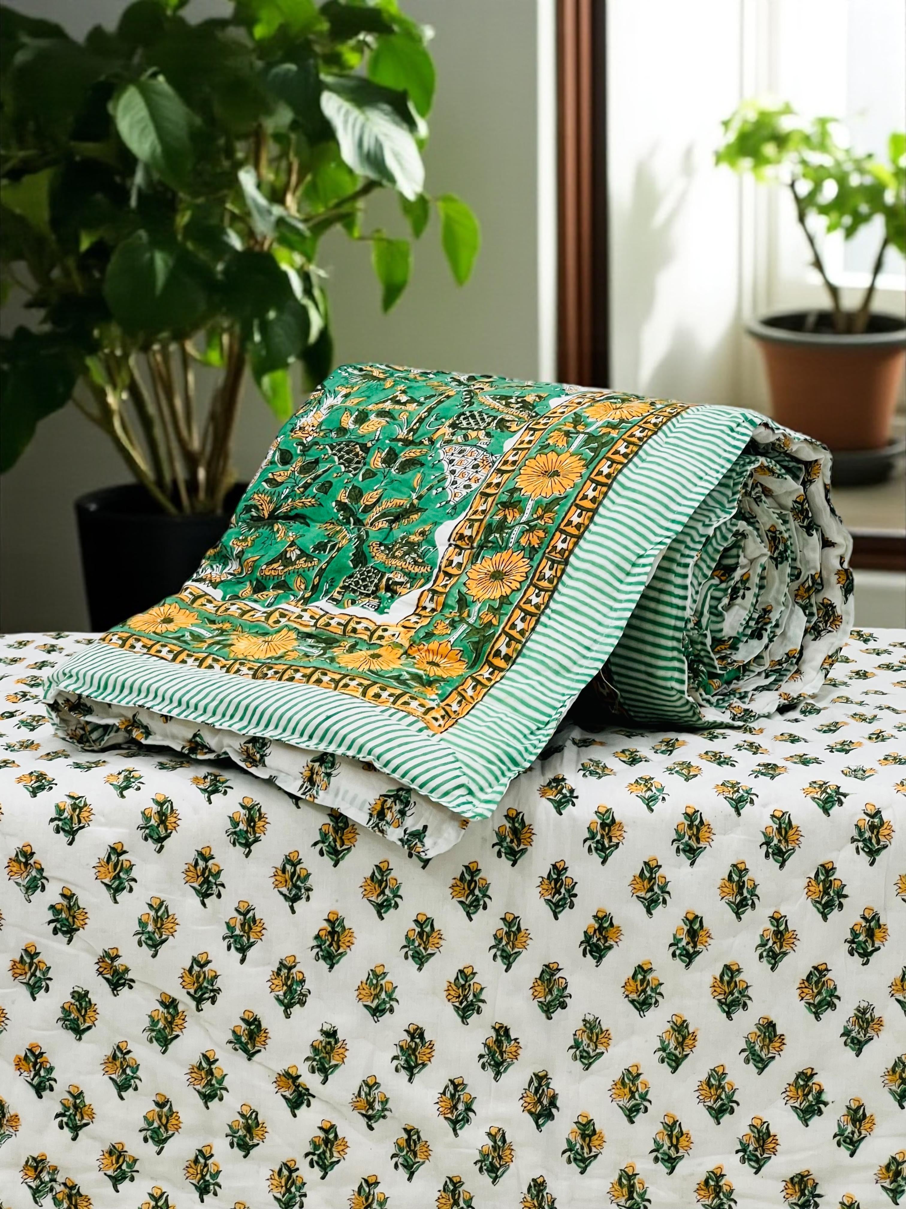 Pure mulmul cotton handblock printed single reversible quilt (razai 60x90 inches)