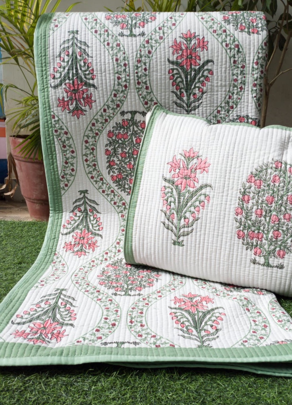 Pure cotton Ikkat quilted and reversible bedcover with two quilted pillow covers (90x108 inches) offer