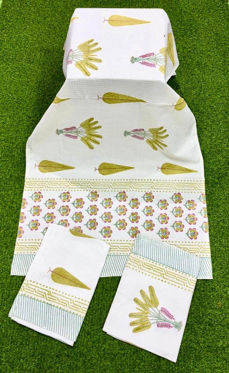 Pure cotton waffled textured hand-block printed bath combos (1 bath and 2 hand towels)