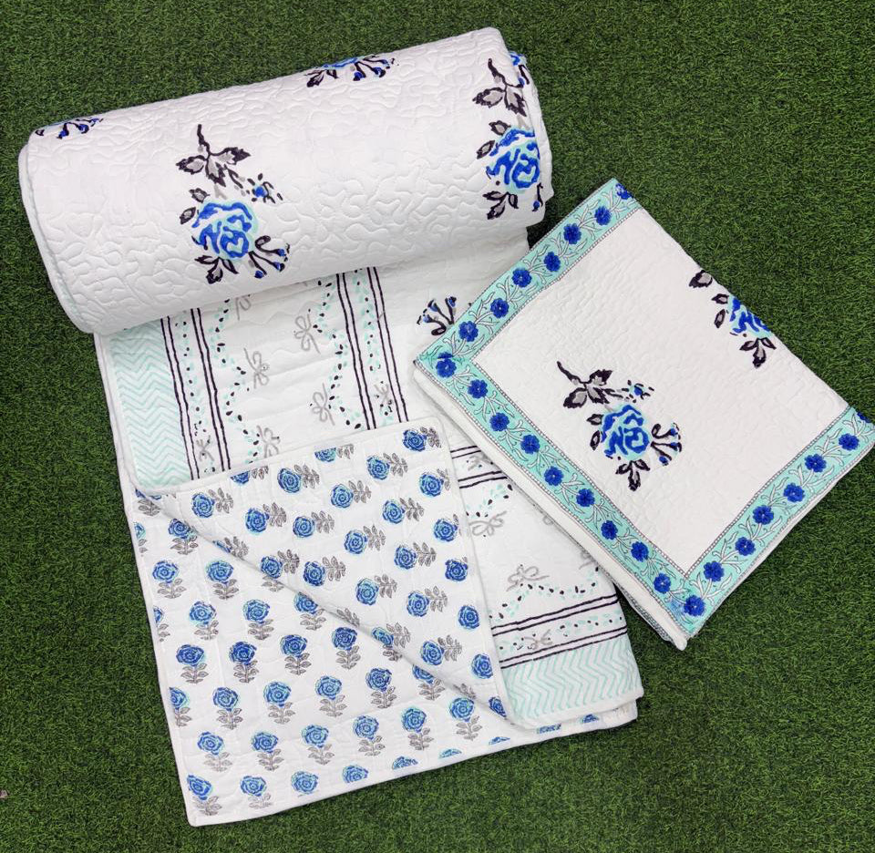 Pure mulmul cotton paani jaal quilted bedcovers with 2 quilted pillow covers for king size beds (90x108 inches)