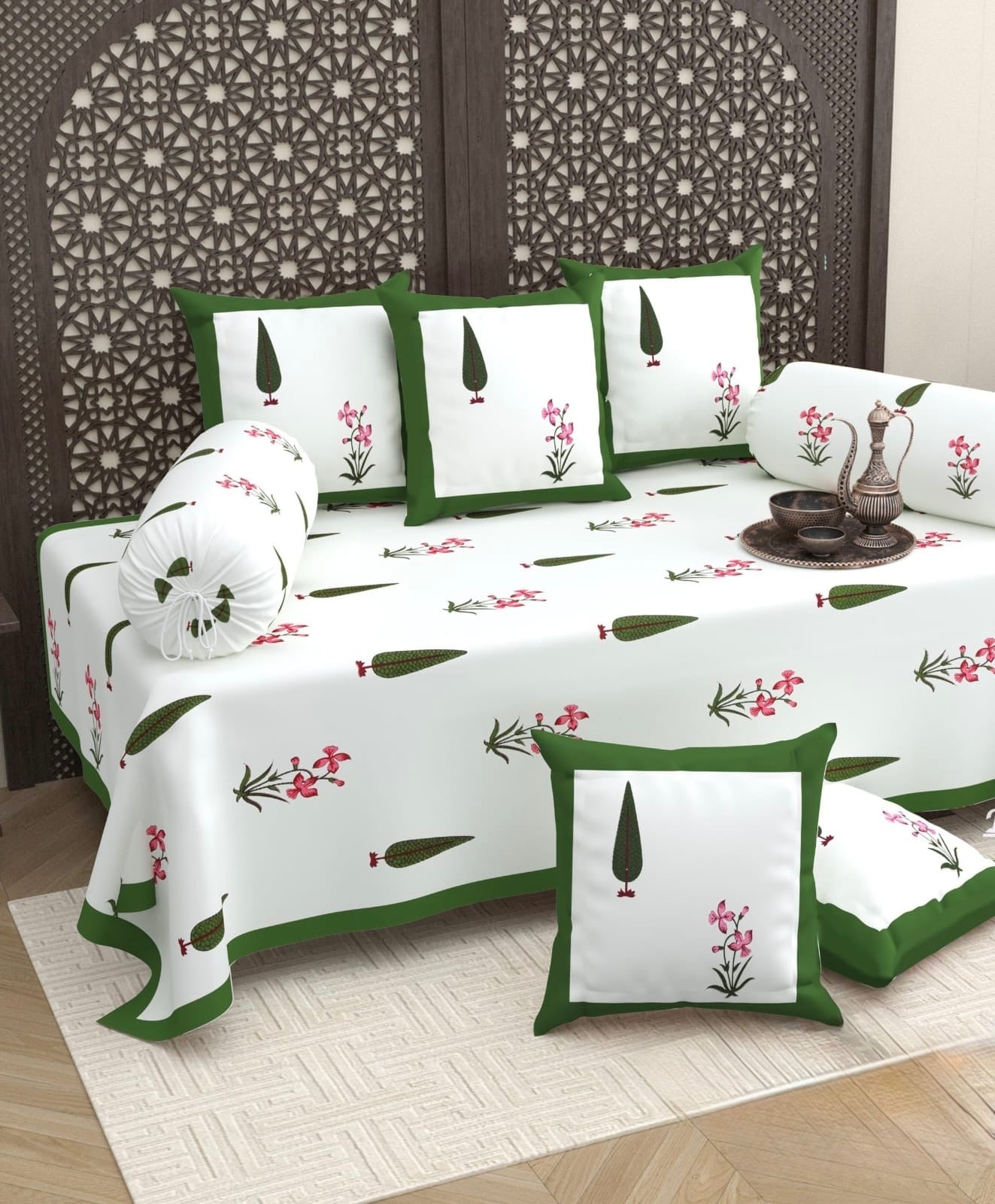 Pure cotton hand block printed 8 piece traditional diwan set (70x100 inches)