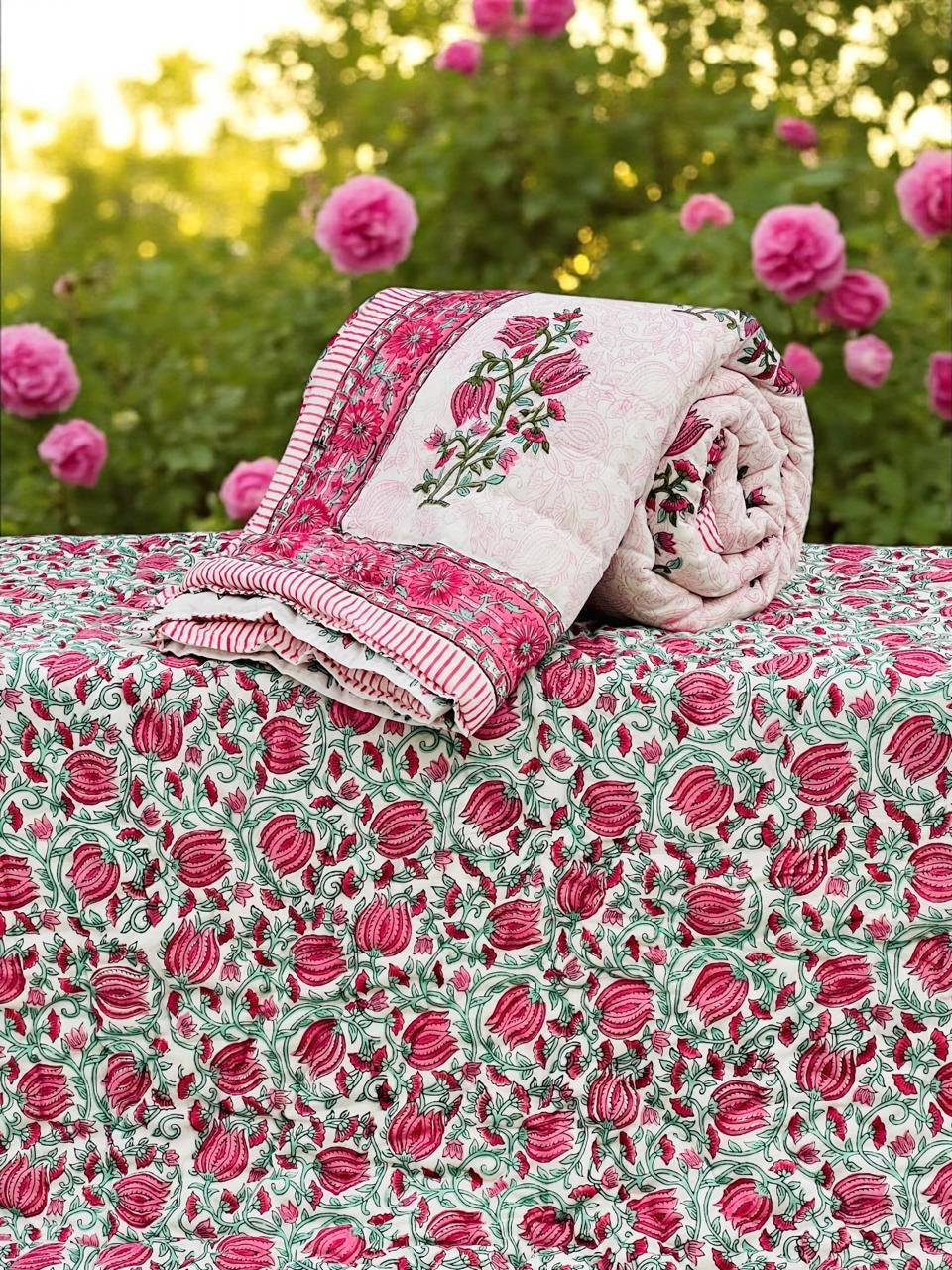 Pure mulmul cotton handblock printed single reversible quilt (razai 60x90 inches)