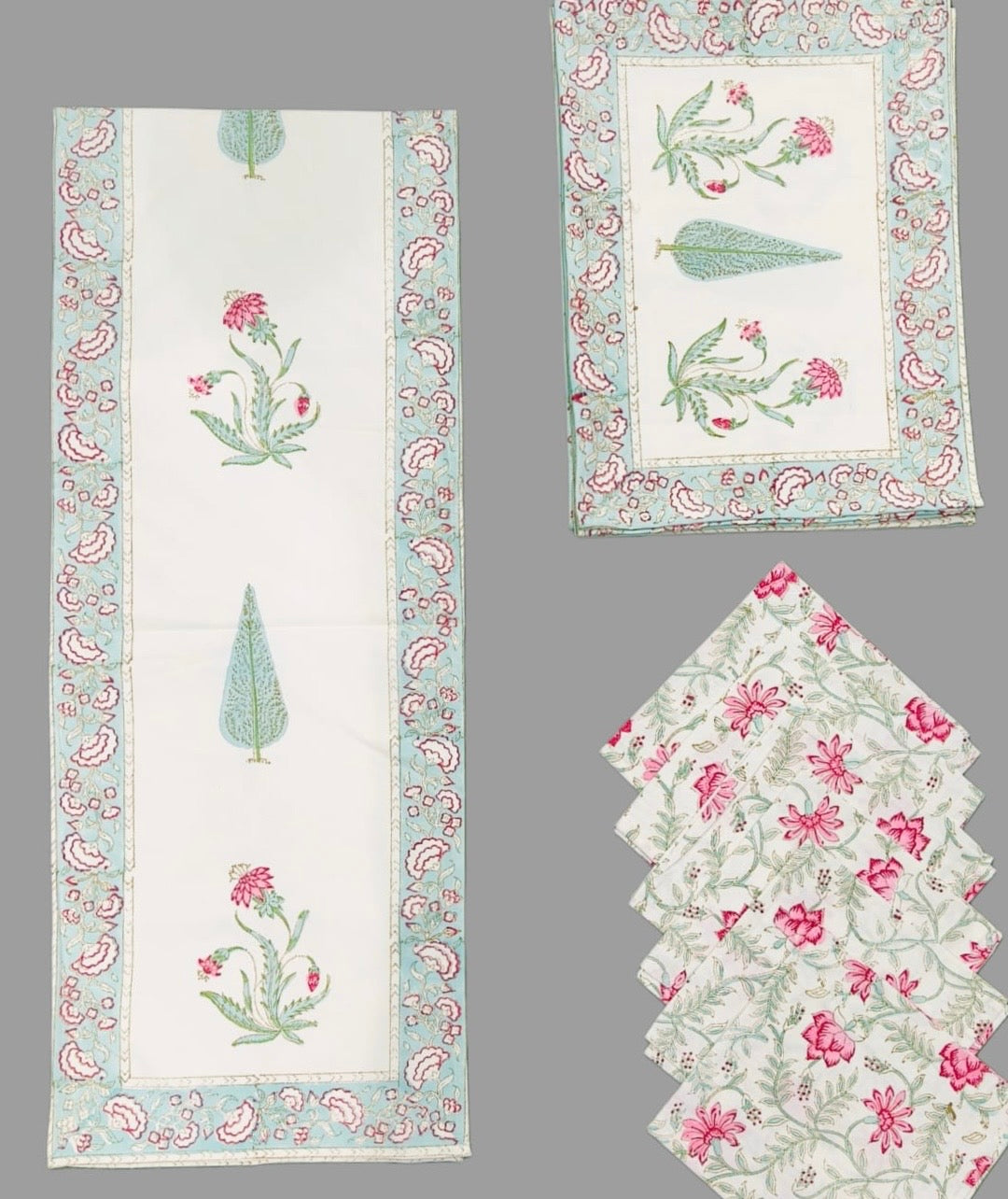 Pure cotton hand block printed placemats, runner and napkin combo for 6 seater dining table