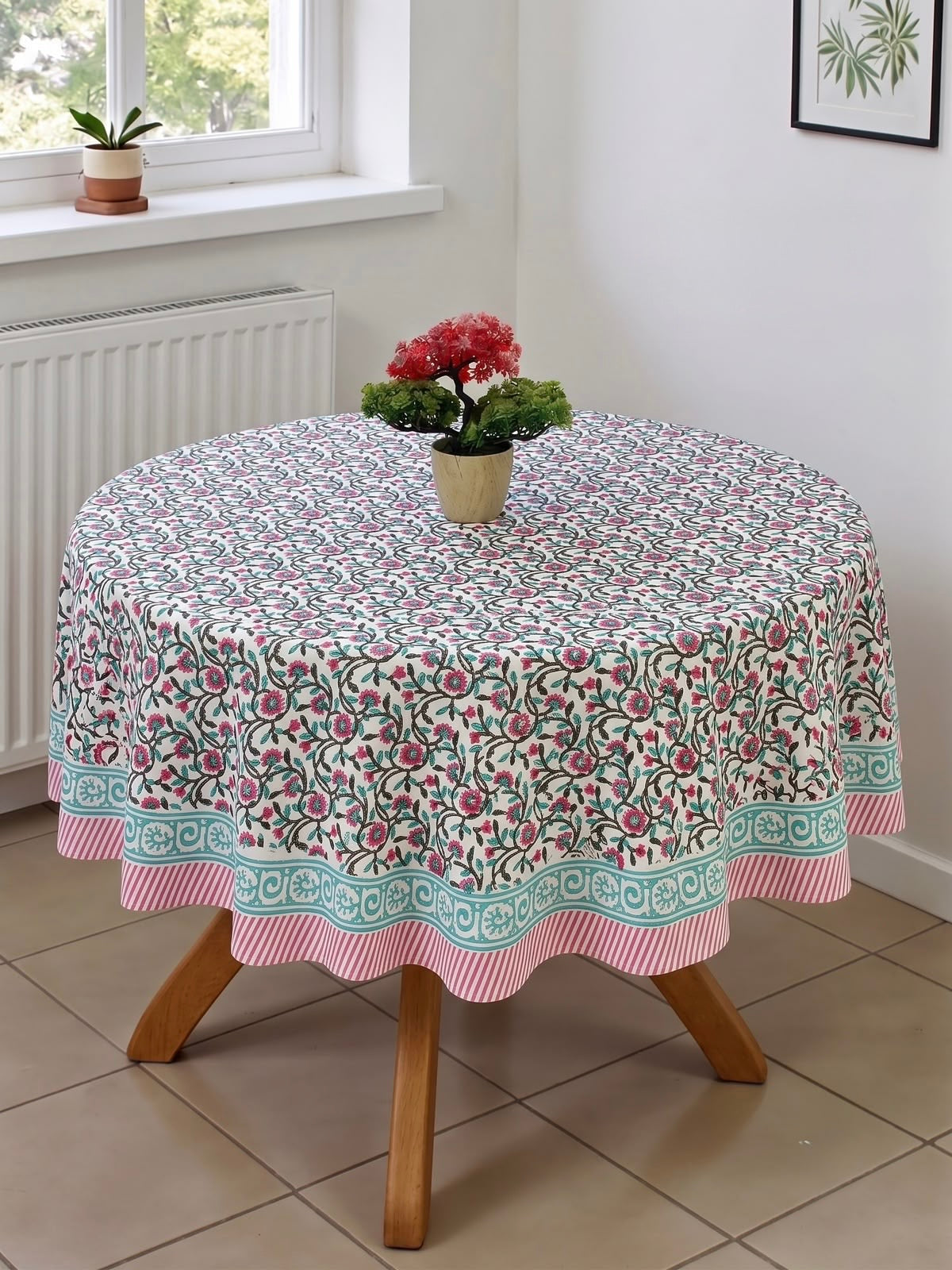 Pure cotton hand-block printed table cover for 4 seater dining table / centre table (60 inches diameter)