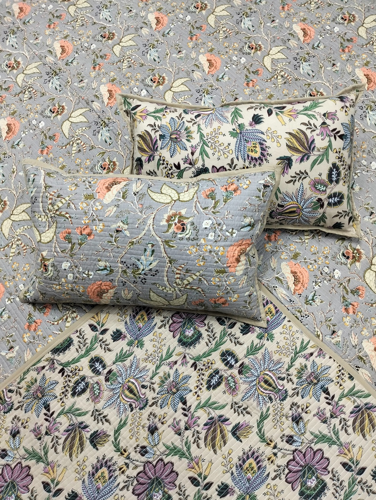 Pure cotton quilted and reversible bedcover/bedsheet with two quilted pillow covers (90x108 inches)