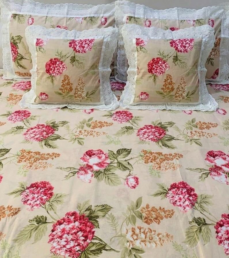 Pure cotton 5 piece bedding sets with 2 laced pillow covers and 2 laced cushion cover (108x108 inches)