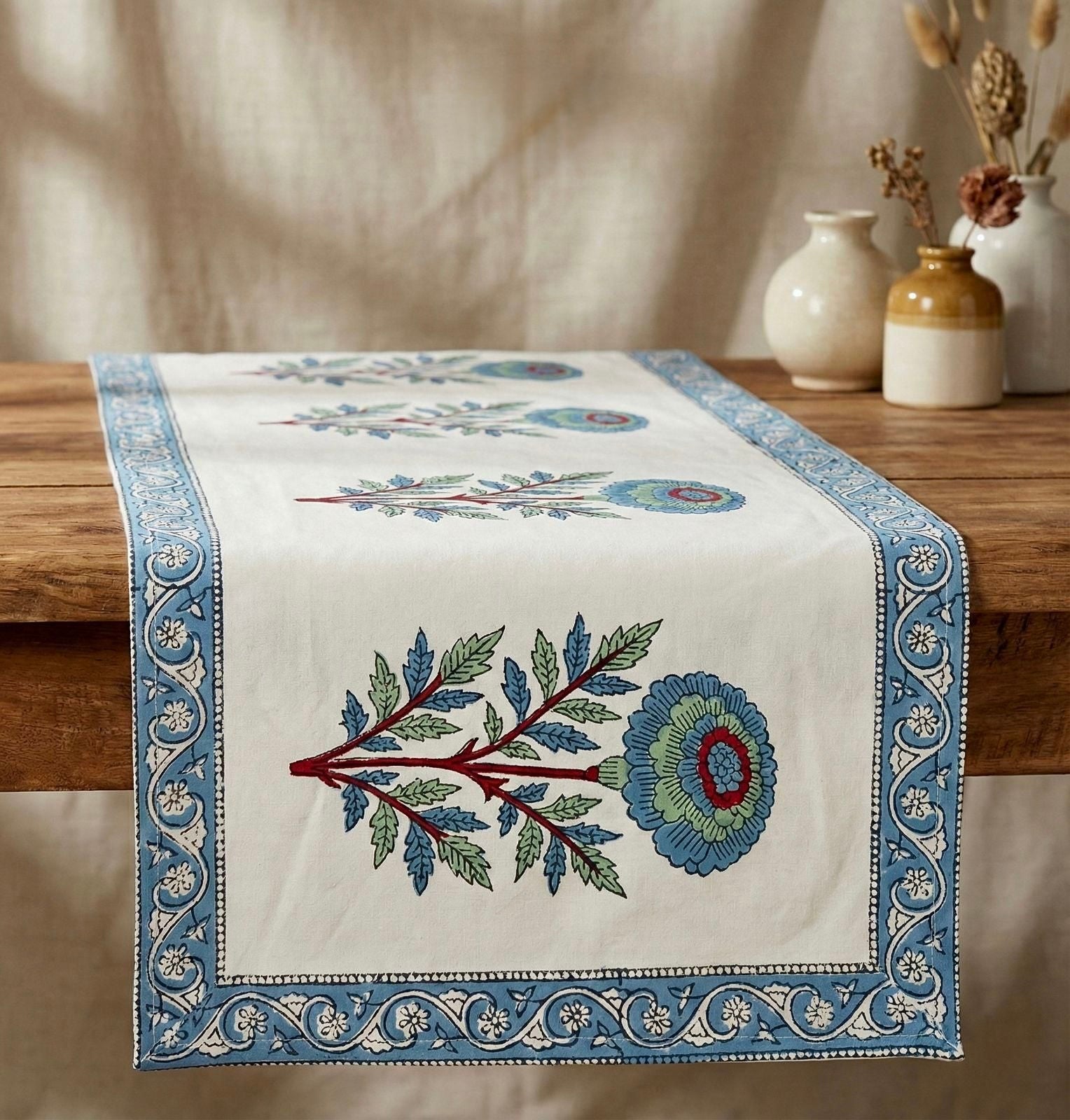 Pure canvas cotton handblock printed runners for 4 and 6 seater dining tables
