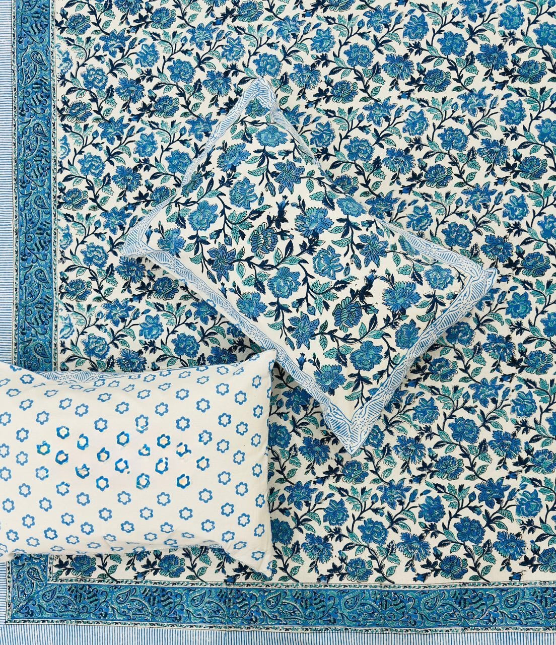 Pure cotton handblock printed king size bedsheet with 2 pillow covers (100x108 inches)