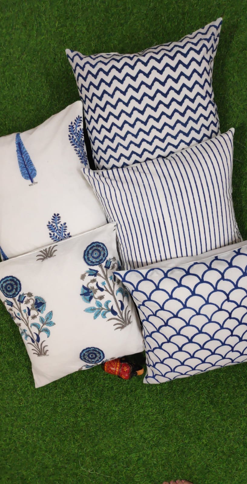 Pure cotton handblock printed set of 5 assorted cushion covers (16x16 inches) Offer