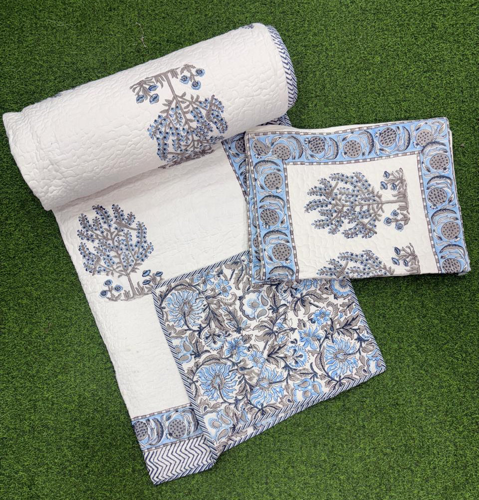 Pure mulmul cotton paani jaal quilted bedcovers with 2 quilted pillow covers for king size beds (90x108 inches)