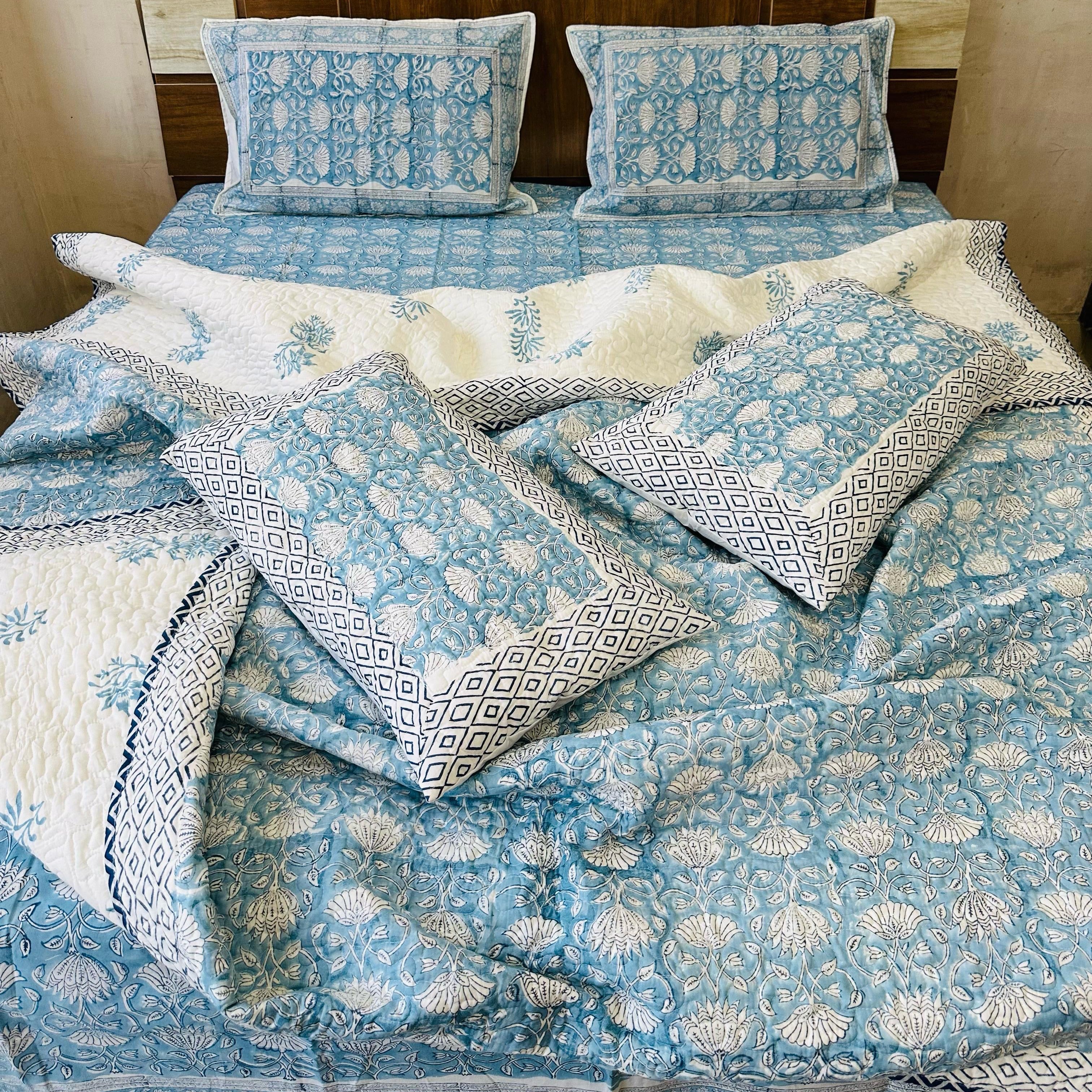 Pure cotton handblock printed king size 6 piece bedding set
