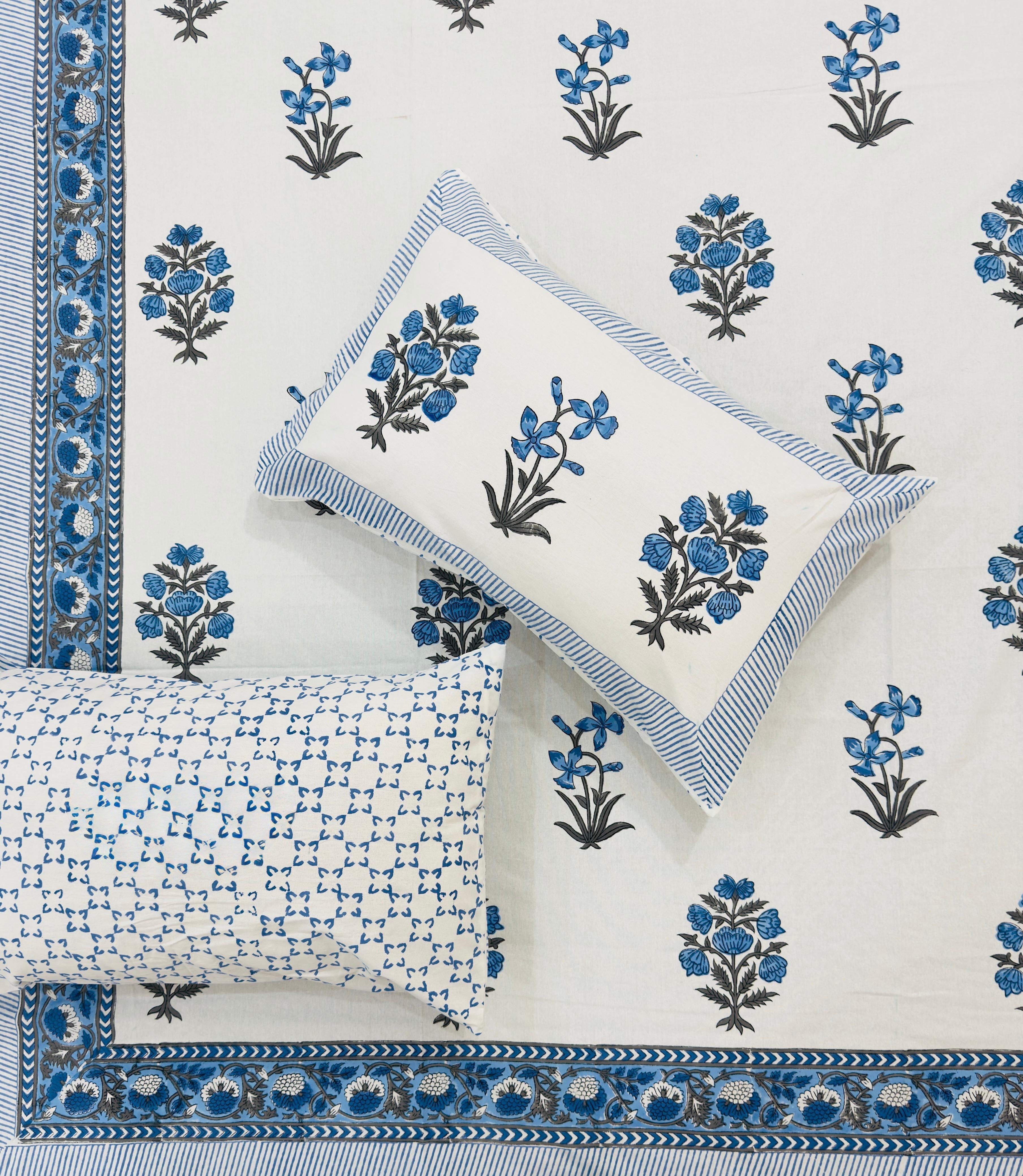 Pure cotton handblock printed king size bedsheet with 2 pillow covers (100x108 inches)