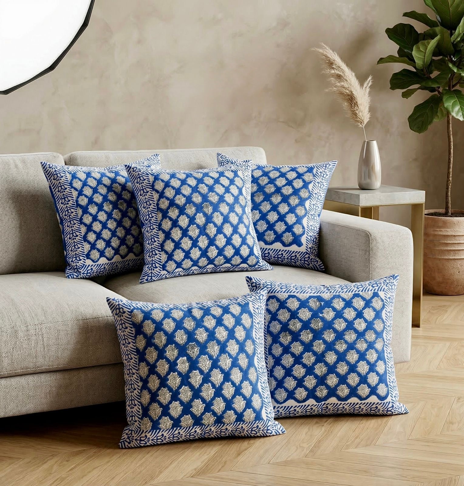 Pure cotton hand-block printed set of 5 cushion covers (16x16 inches)