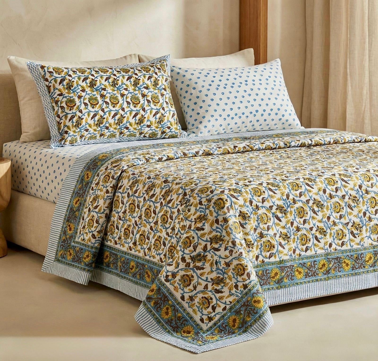 Pure cotton hand-block printed super king size double bedsheets with 2 pillow covers (108x108 inches)