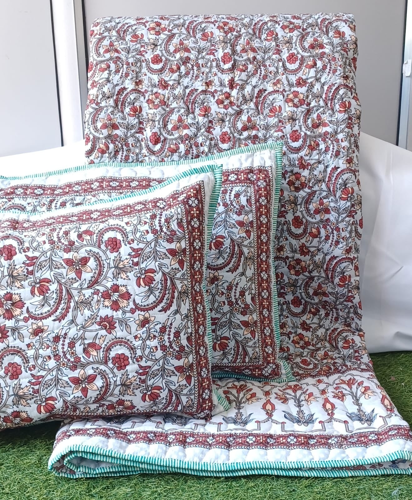 Pure cotton paani jaal quilted reversible double bedcovers with 2 quilted pillow covers (90x108 inches)
