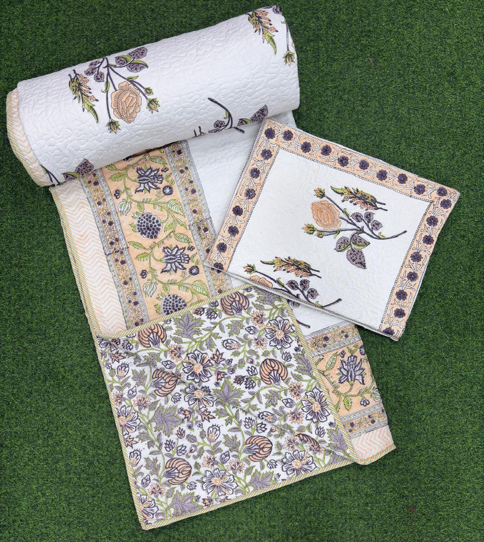 Pure mulmul cotton paani jaal quilted bedcovers with 2 quilted pillow covers for king size beds (90x108 inches)