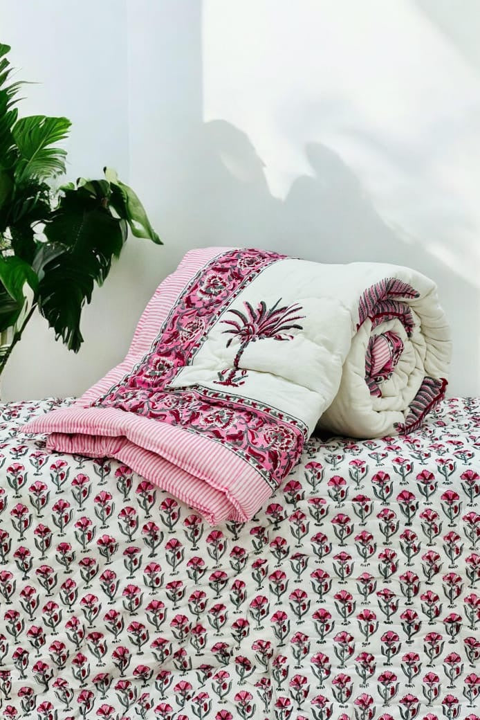 Pure mulmul cotton handblock printed single reversible quilt (razai 60x90 inches)