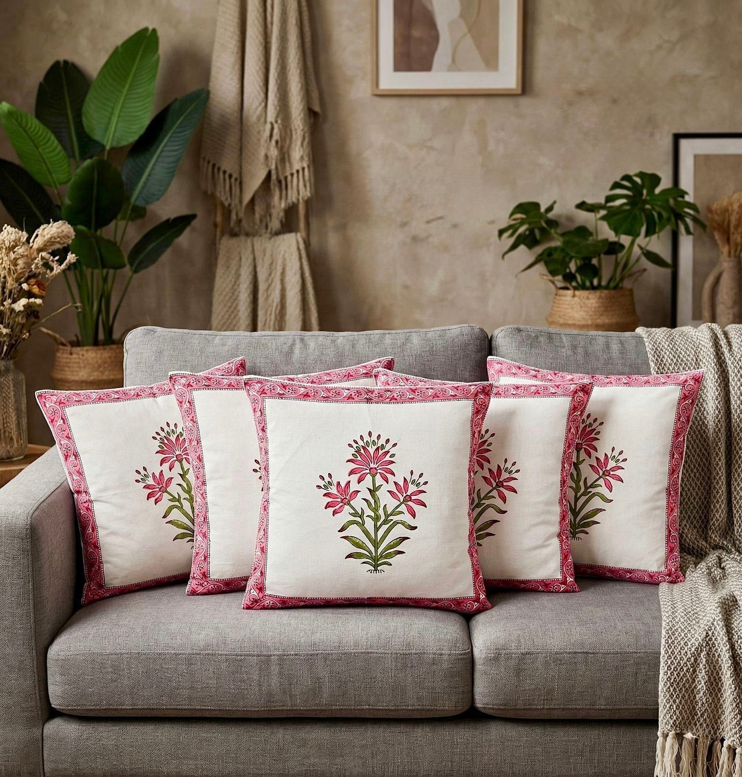 Pure cotton hand-block printed set of 5 cushion covers (16x16 inches)