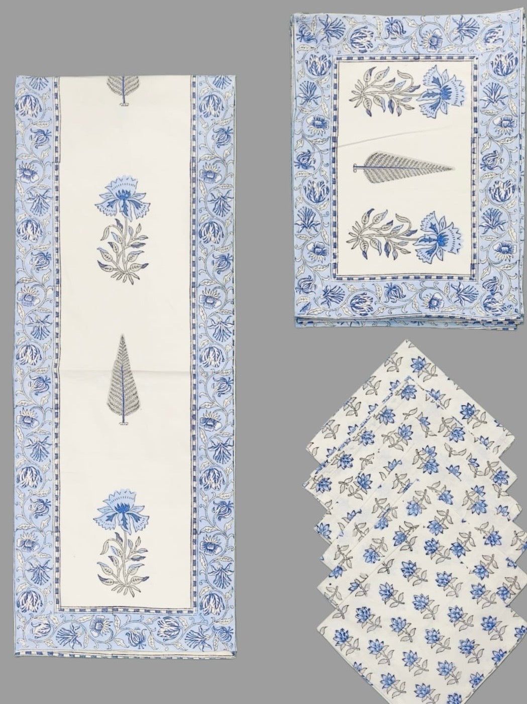 Pure cotton hand block printed placemats, runner and napkin combo for 6 seater dining table
