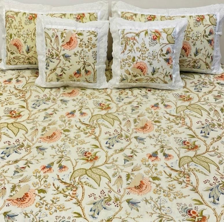 Pure cotton 5 piece bedding sets with 2 laced pillow covers and 2 laced cushion cover (108x108 inches)