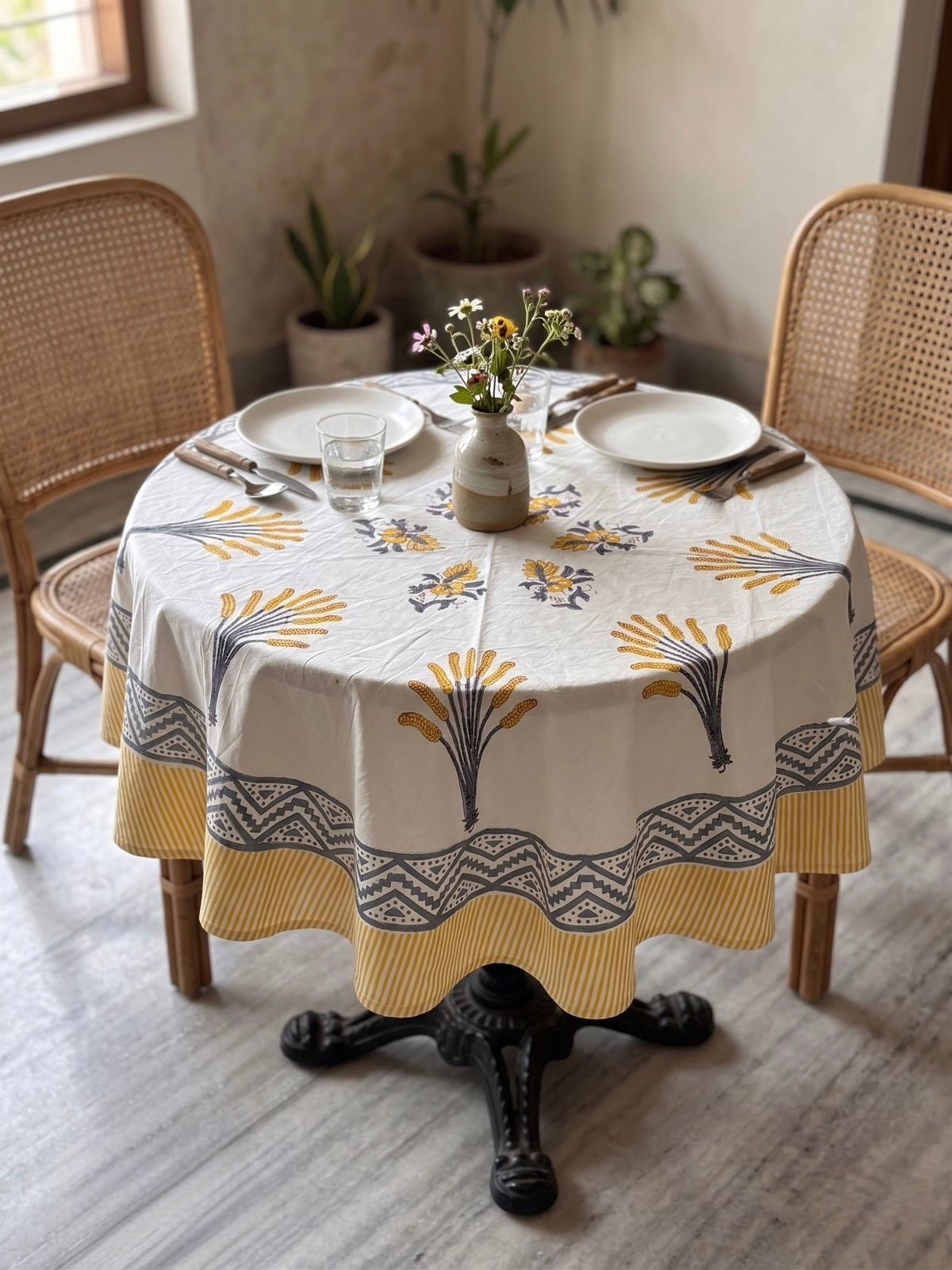 Pure cotton hand-block printed 2 seater round coffee table covers