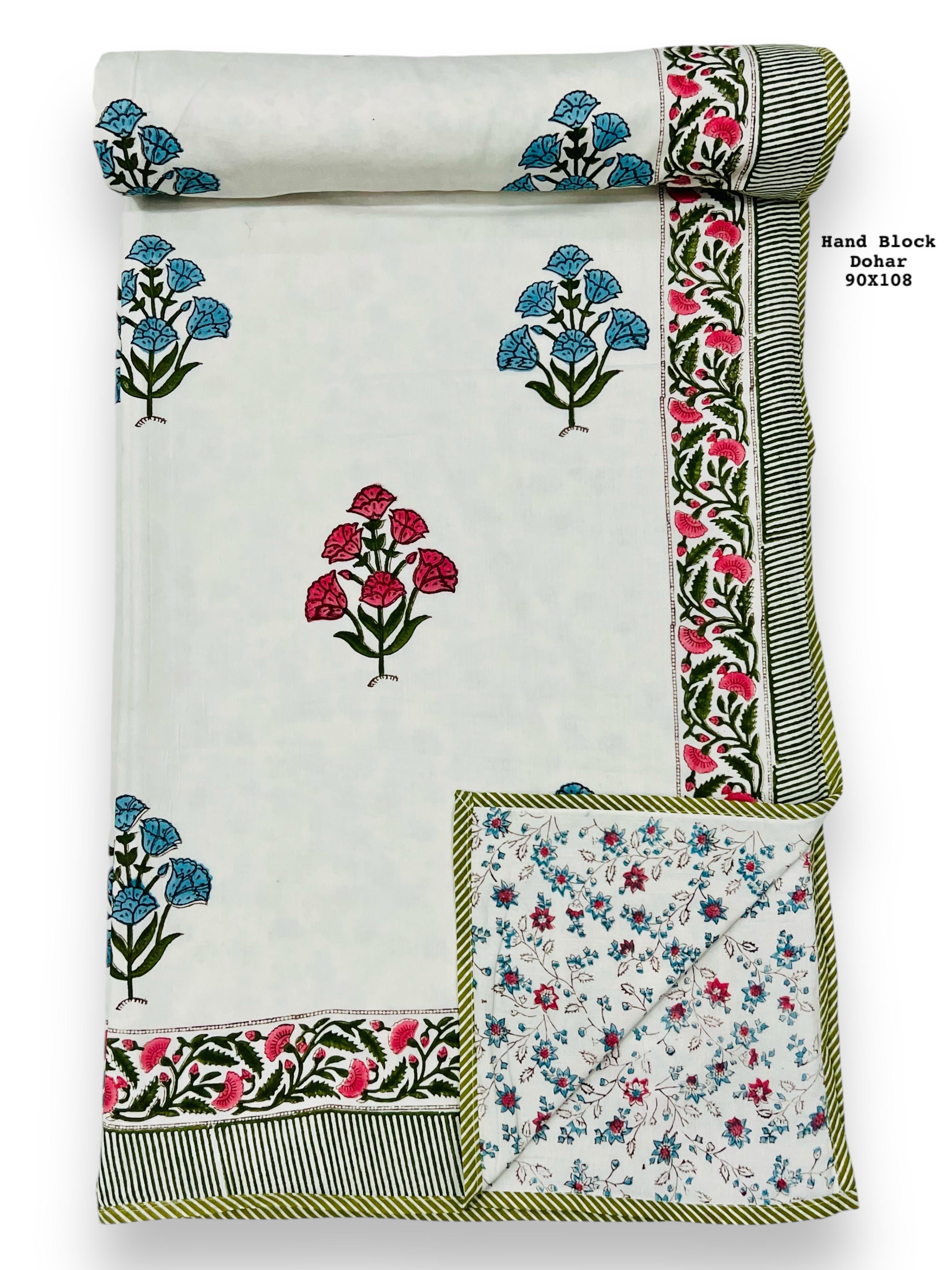 Handblock printed pure mulmul cotton all weather double dohars (90x108 inches)