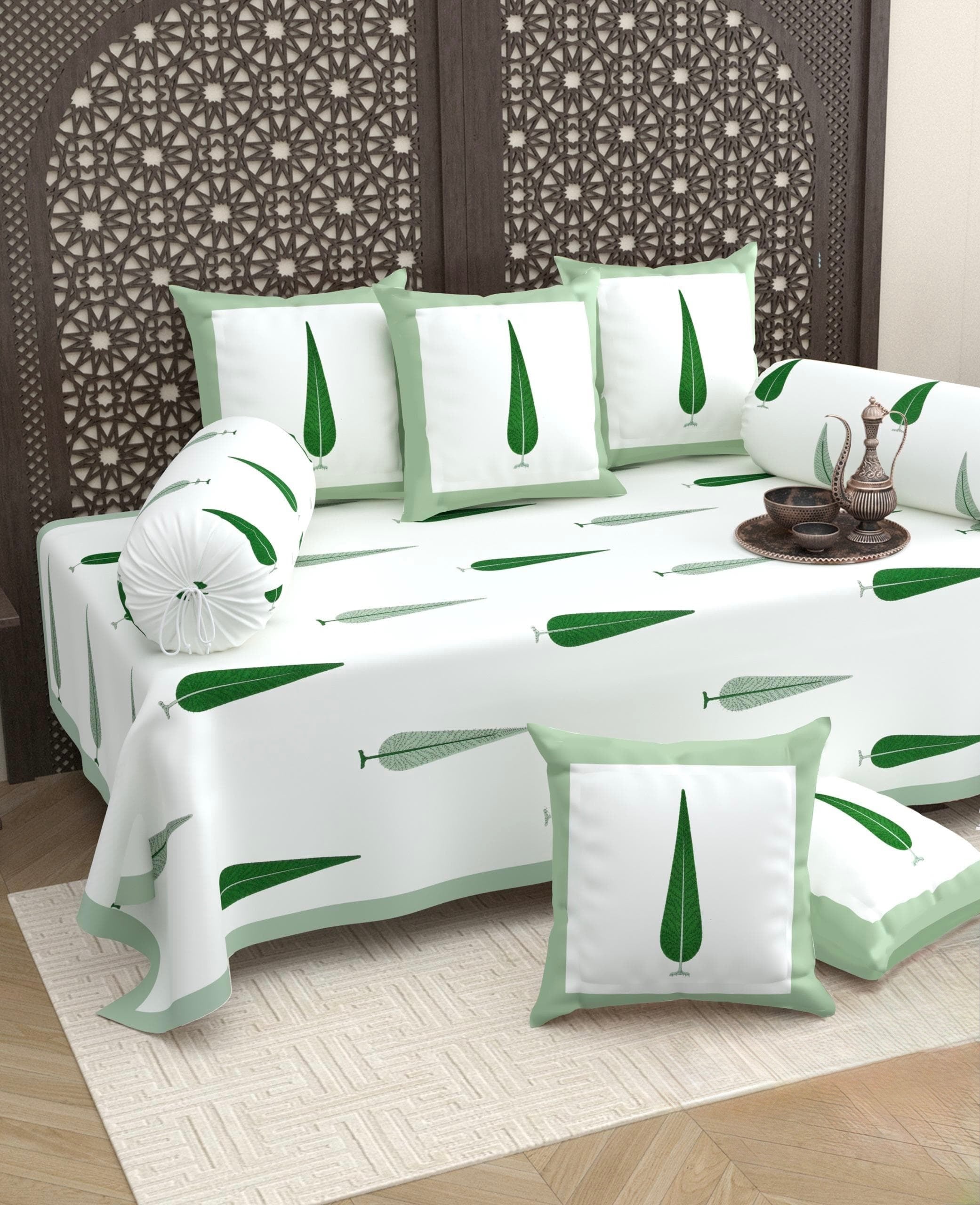 Pure cotton hand block printed 8 piece traditional diwan set (70x100 inches)