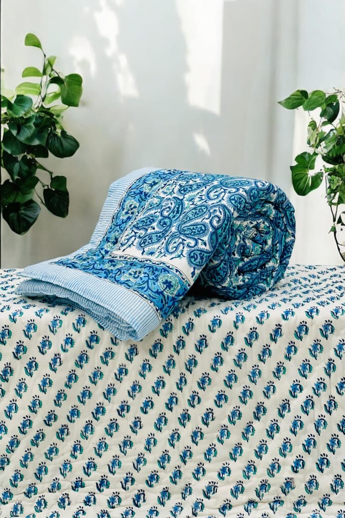 Pure mulmul cotton handblock printed single reversible quilt (razai 60x90 inches)