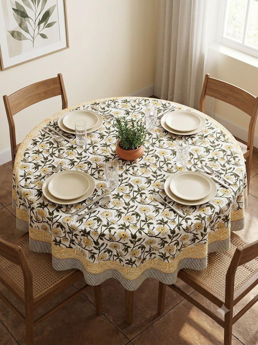 Pure cotton hand-block printed table cover for 4 seater dining table / centre table (60 inches diameter)