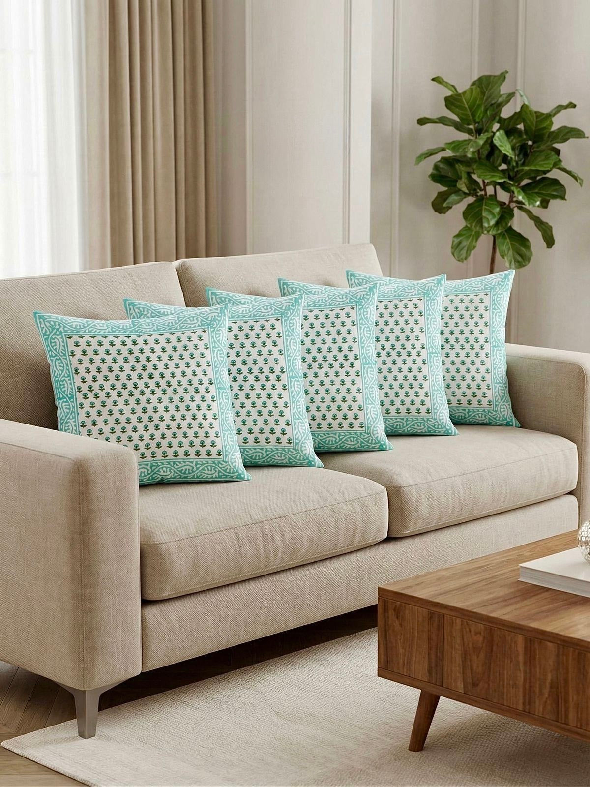 Pure cotton hand-block printed set of 5 cushion covers (16x16 inches)