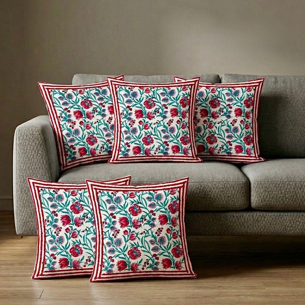 Pure cotton hand-block printed set of 5 cushion covers (16x16 inches)