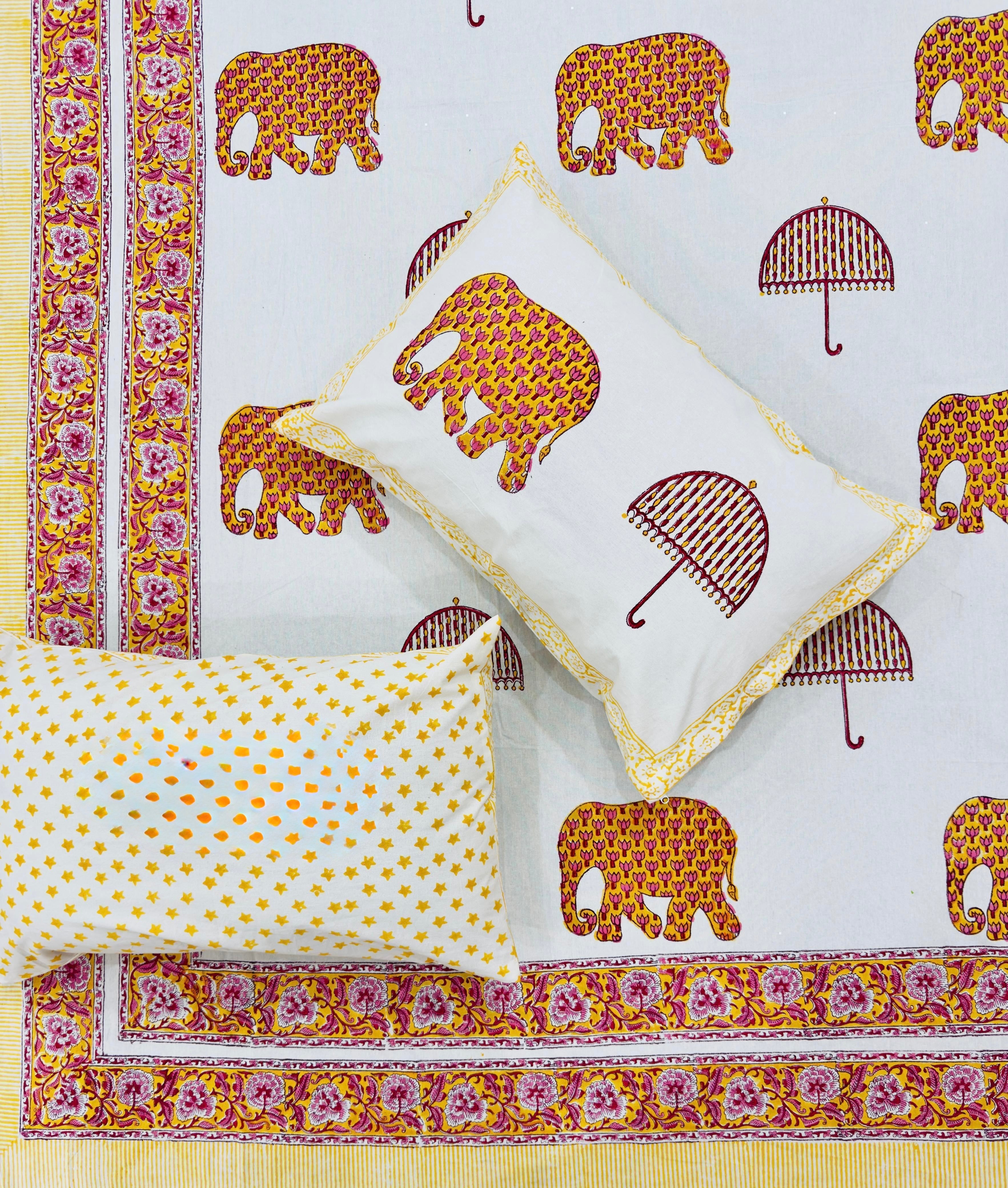Pure cotton hand-block printed super king size double bedsheets with 2 pillow covers (108x108 inches)