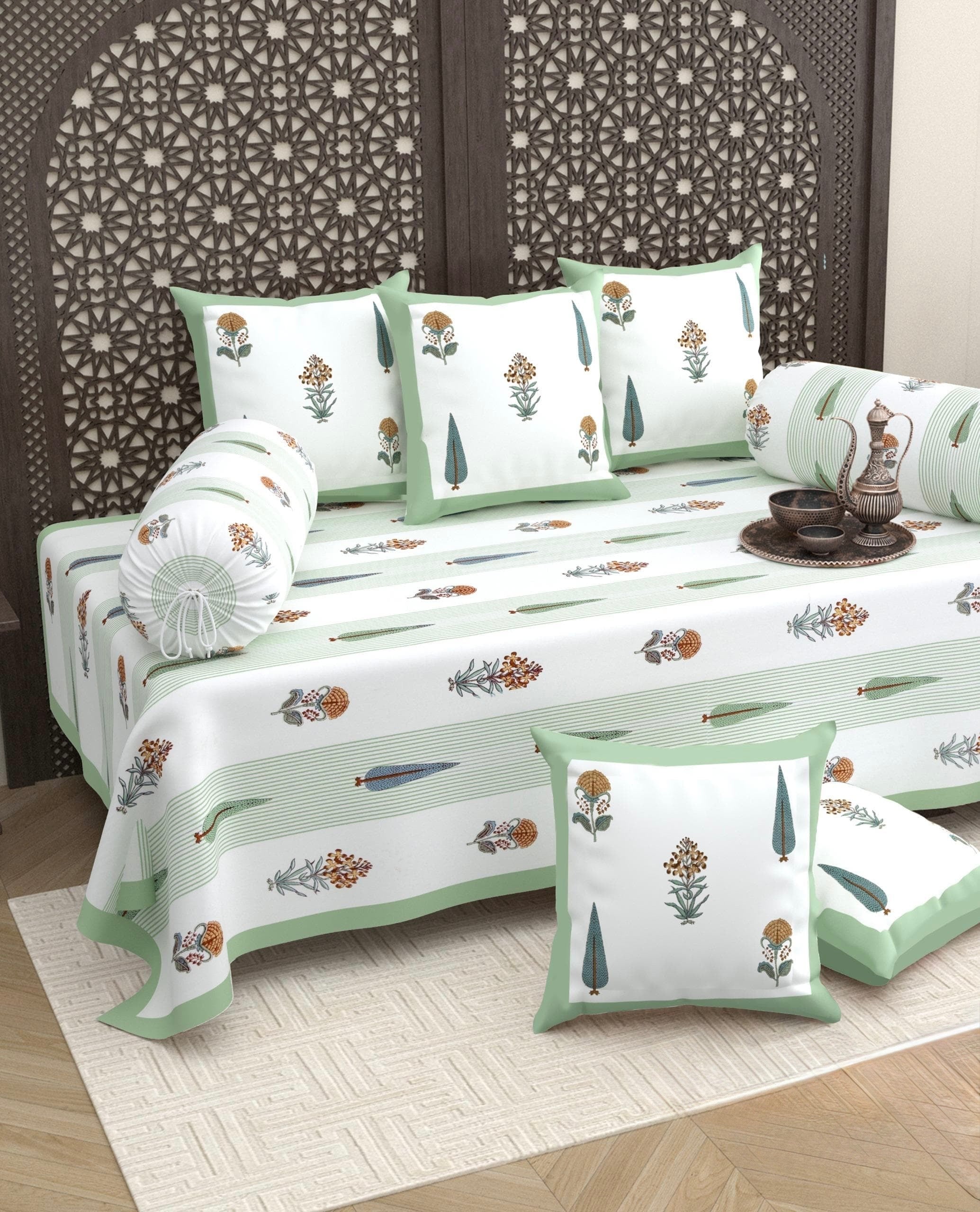 Pure cotton hand block printed 8 piece traditional diwan set (70x100 inches)