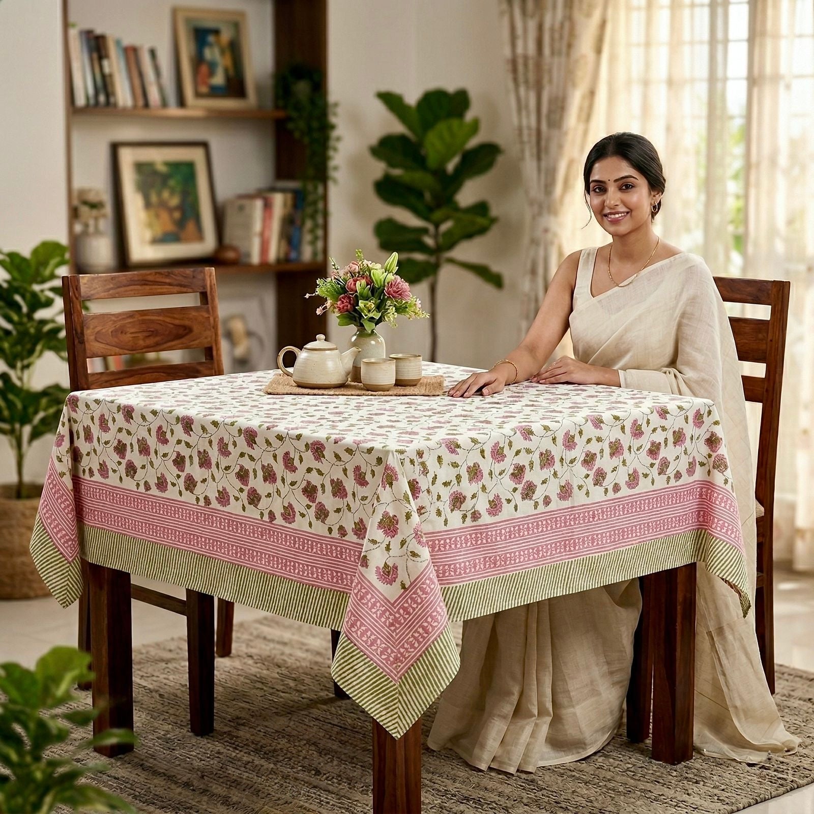 Pure cotton hand-block printed 2 seater square table cover (45x45 inches)