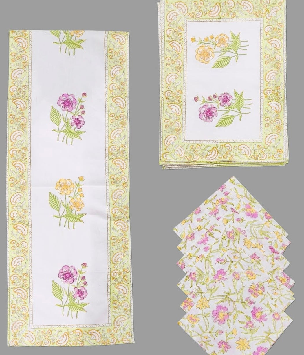Pure cotton hand block printed placemats, runner and napkin combo for 6 seater dining table