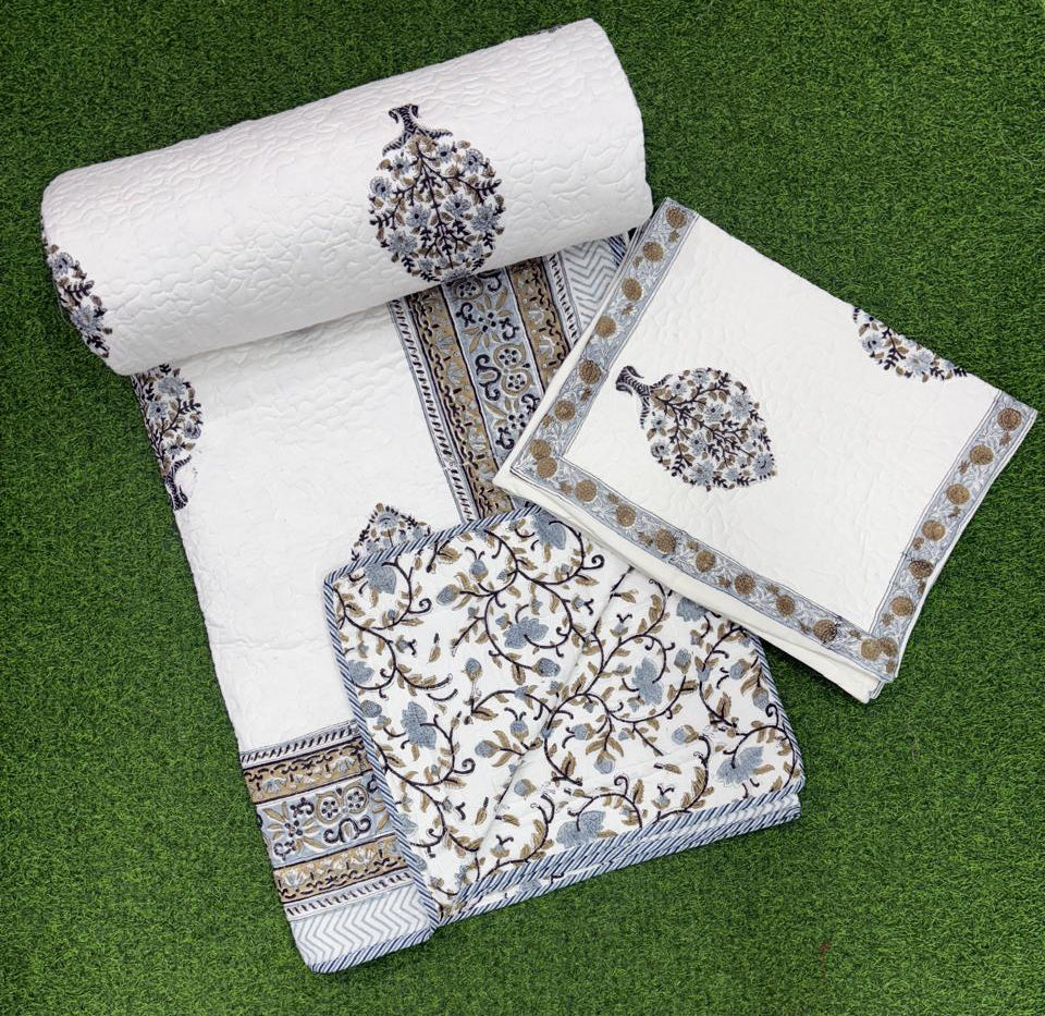 Pure mulmul cotton paani jaal quilted bedcovers with 2 quilted pillow covers for king size beds (90x108 inches)