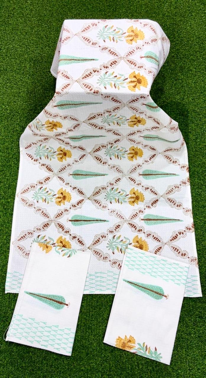 Pure cotton waffled textured hand-block printed bath combos (1 bath and 2 hand towels)